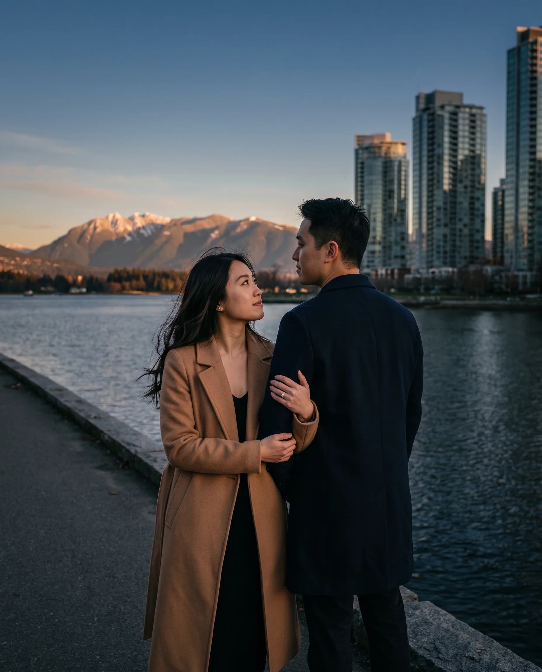 Couple on the Stanley Park seawall at sunset with the Vancouver skyline and the North Shore mountains behind them