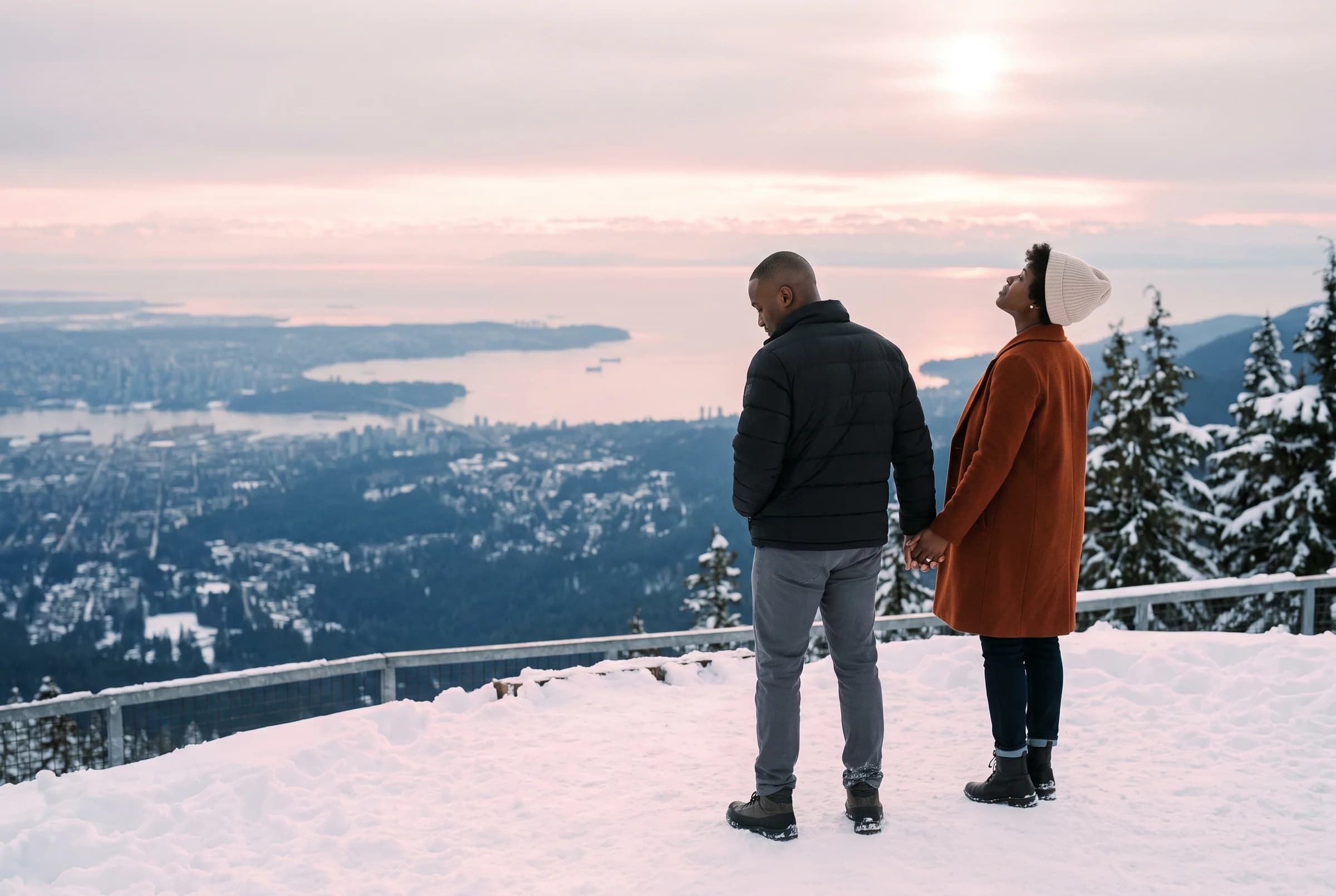 Couple standing at a snowy viewing edge on Grouse Mountain looking out over Vancouver and the water at sunset