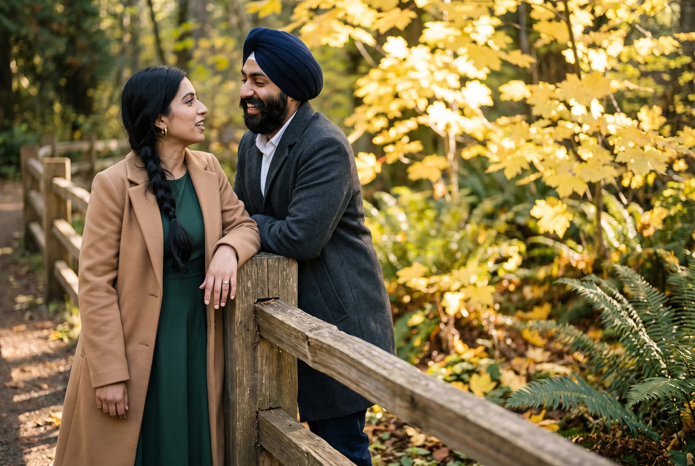 Couple leaning on a split-rail cedar fence at Campbell Valley Regional Park with yellow maple leaves behind them