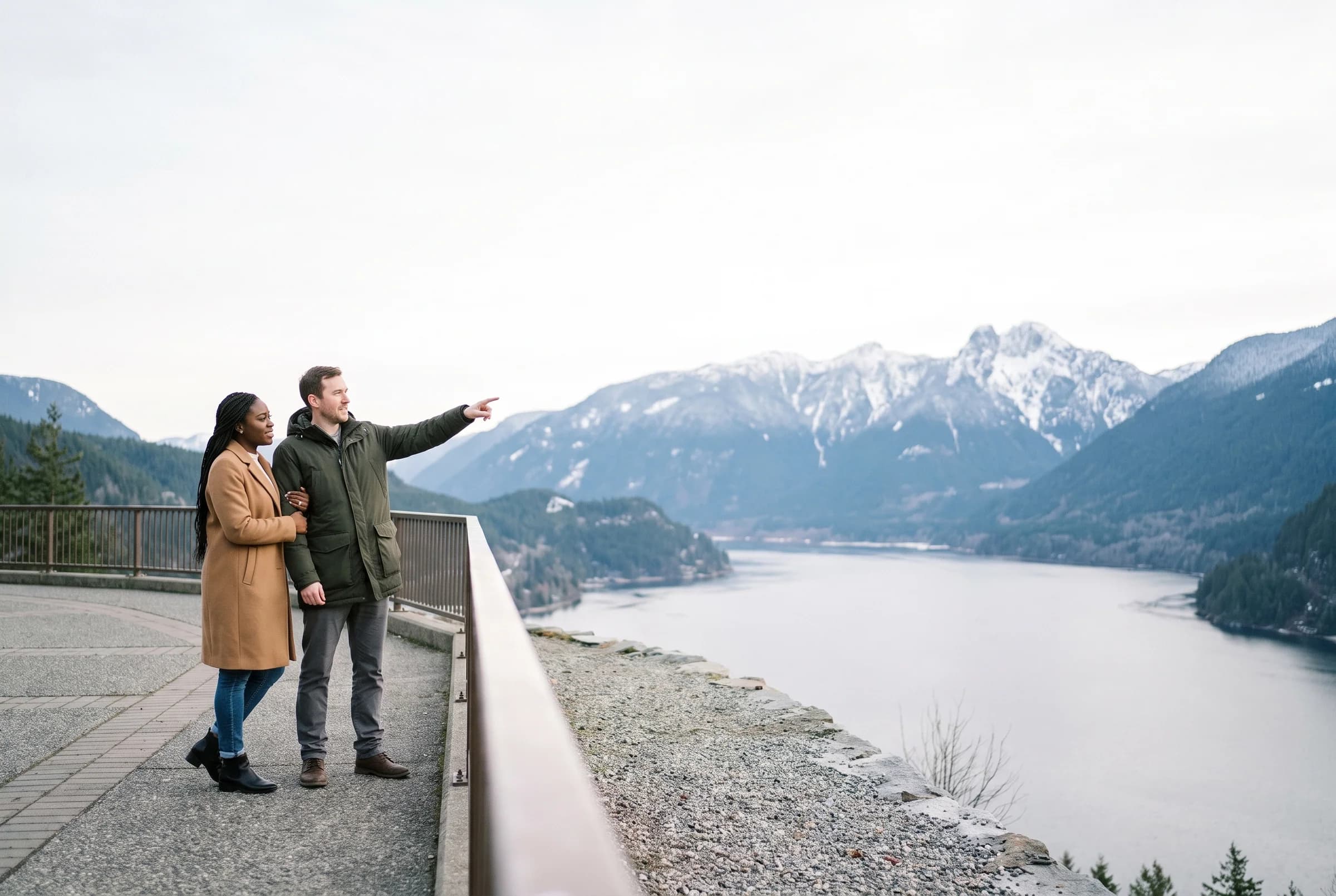 Couple at the lookout railing above Capilano Lake with the twin peaks of the Lions across the valley
