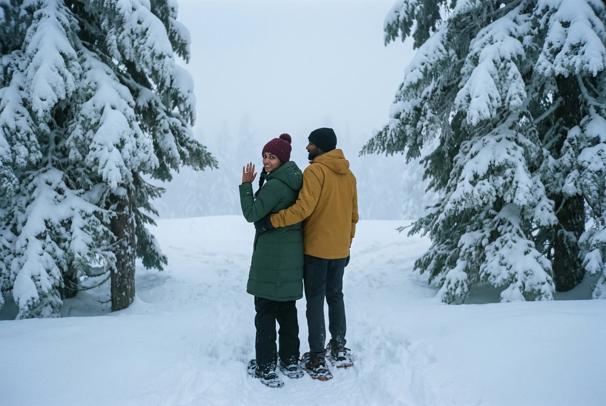 Couple in snowshoes walking away between two enormous snow-plastered hemlocks in fog at Cypress