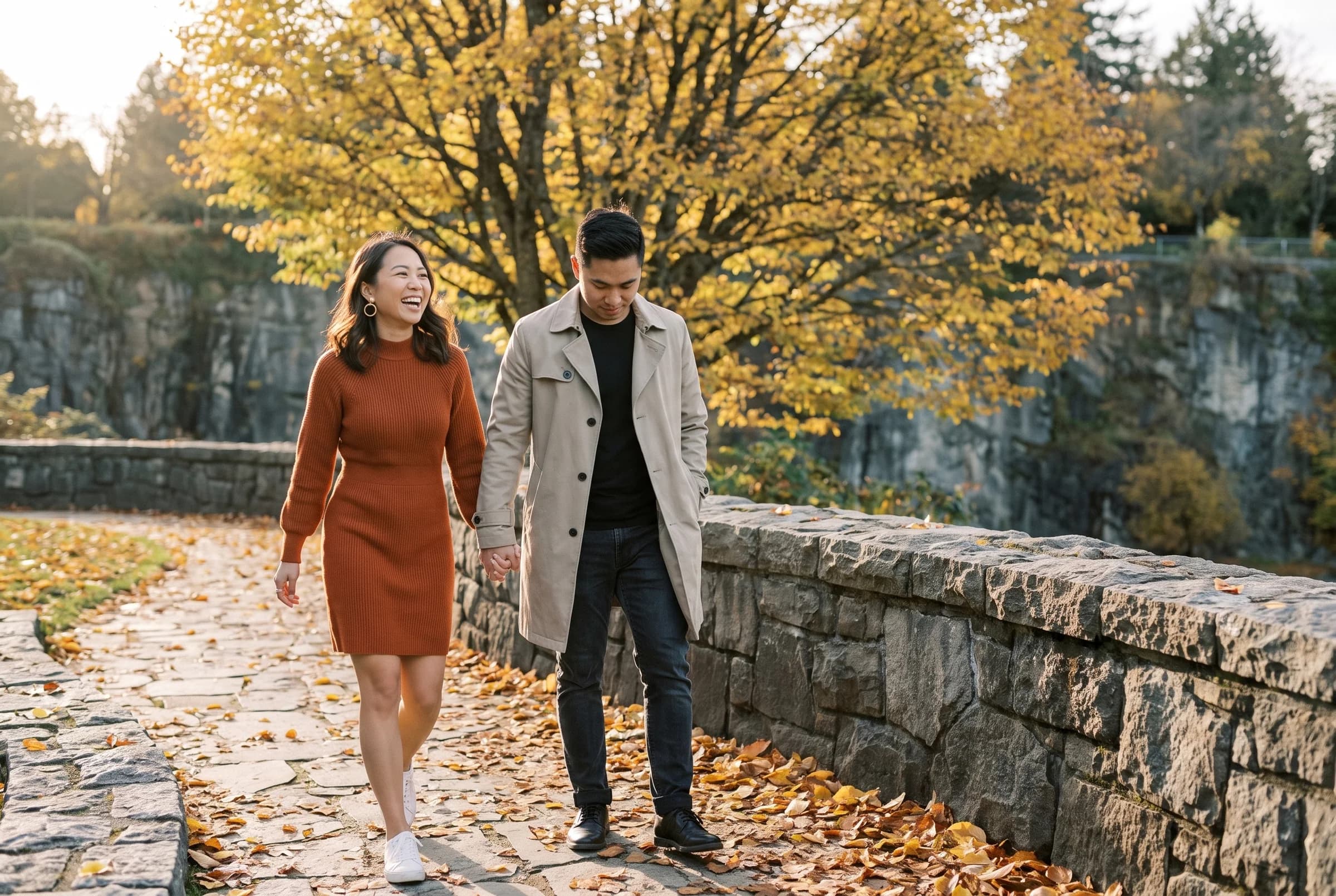 Couple walking a stone path in the Quarry Garden at Queen Elizabeth Park under low autumn sun
