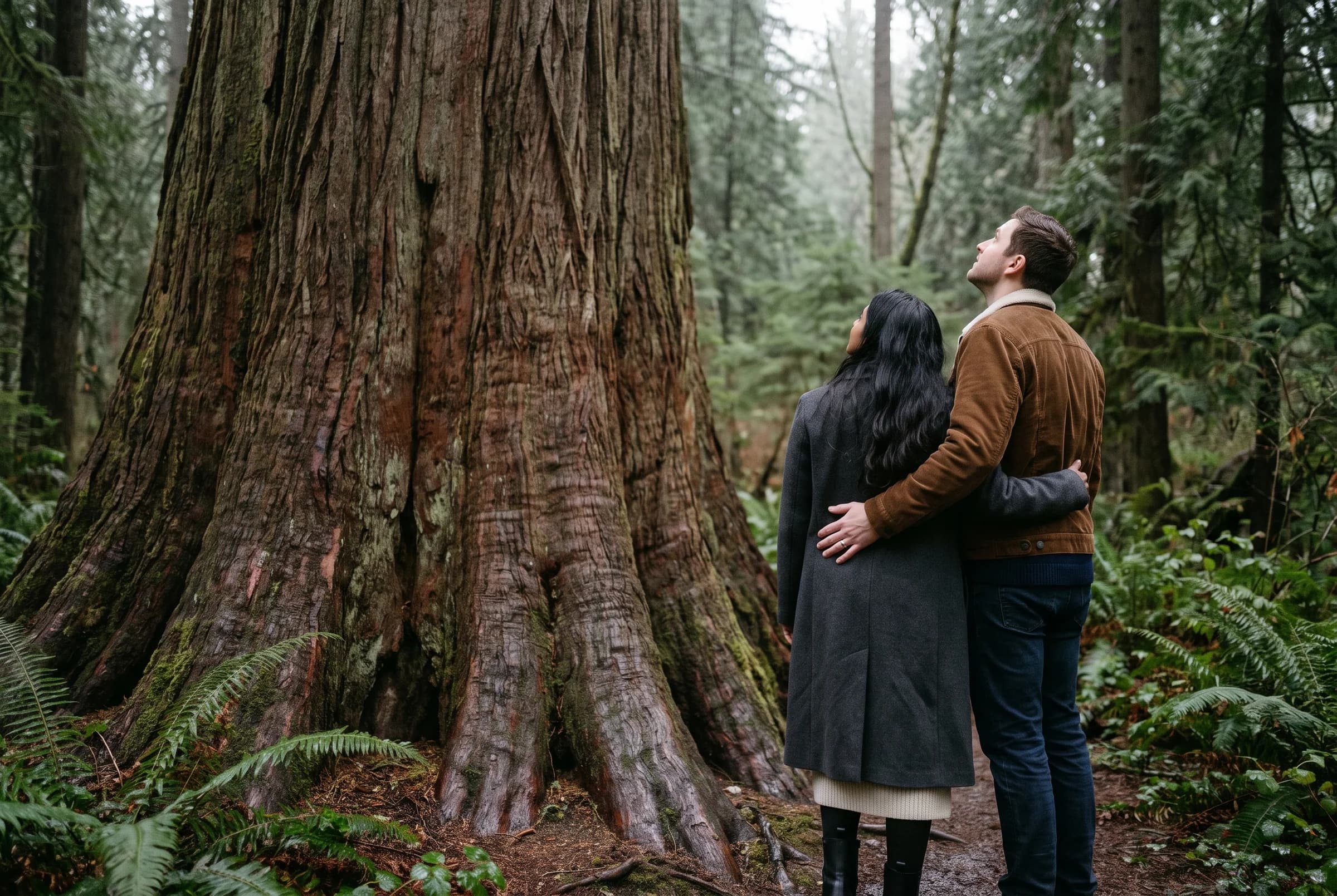 Couple standing small at the base of an enormous old-growth cedar in Stanley Park looking up the trunk